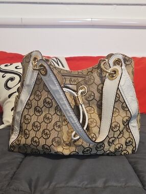 Michael Kors Brown Monogram Logo-Print Shoulder Bag with White Trim Leather